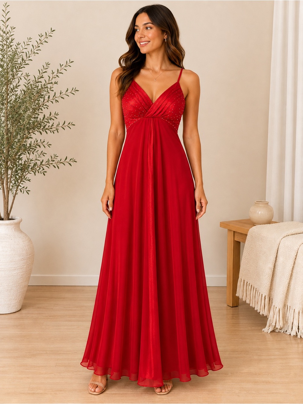 ASpeed Red Satin Beaded Maxi Gown XS Formal Prom Evening Dress